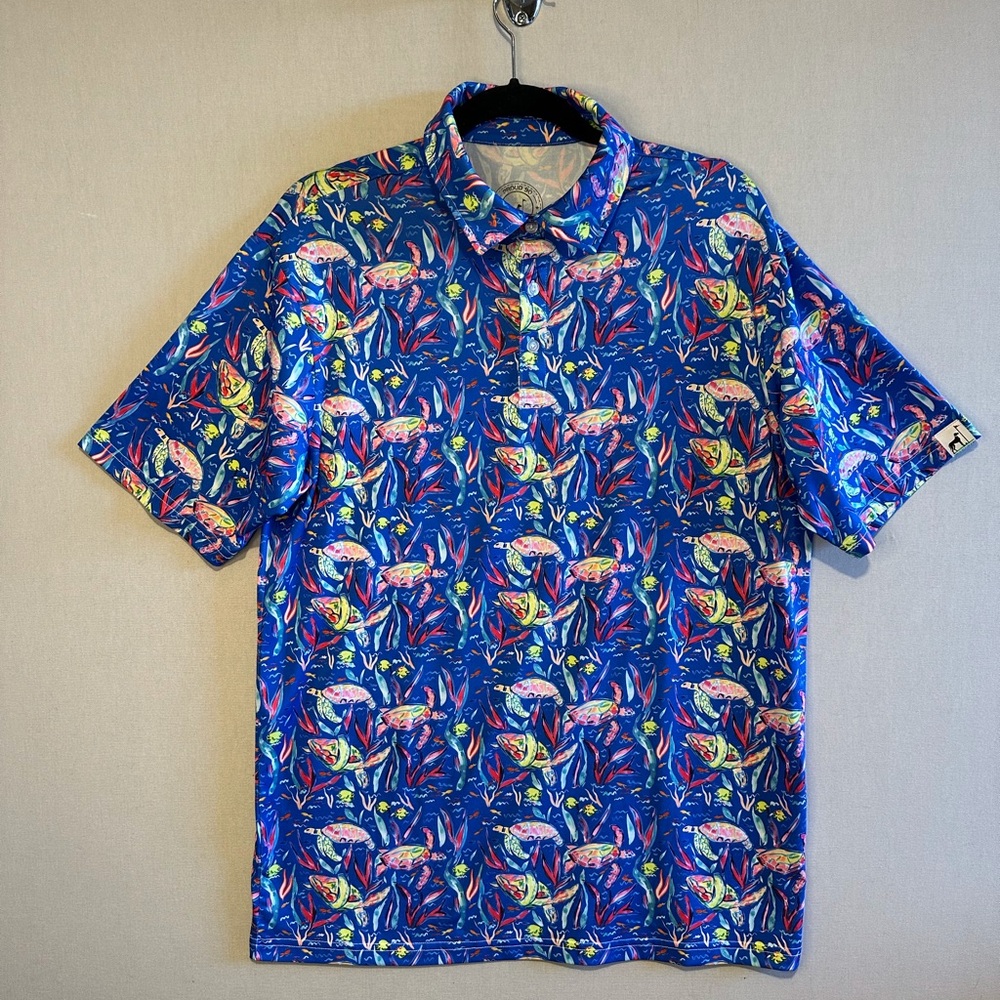 Proud 90 Mens Golf Royal Blue Polo Shirt with Vibrant Turtle Pattern. Size L